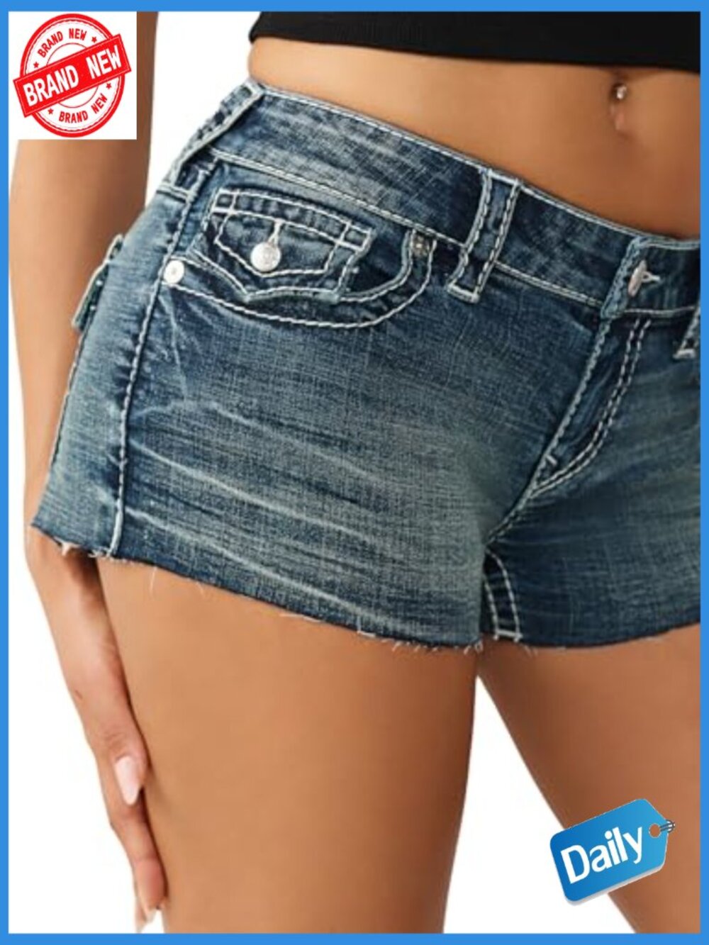 Low Rise Denim Shorts with Raw Hem and Back Flap Pockets - Picture 7 of 7
